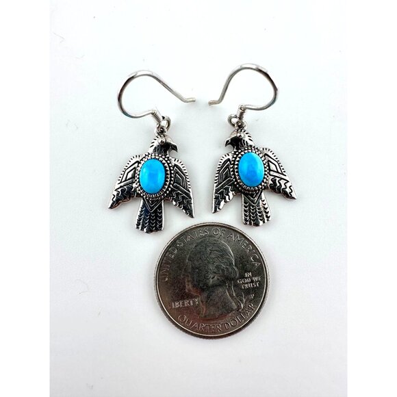 Vtg DJoy Sterling Silver and Turquoise Cabochon Thunderbird Hook Earrings - Picture 2 of 4